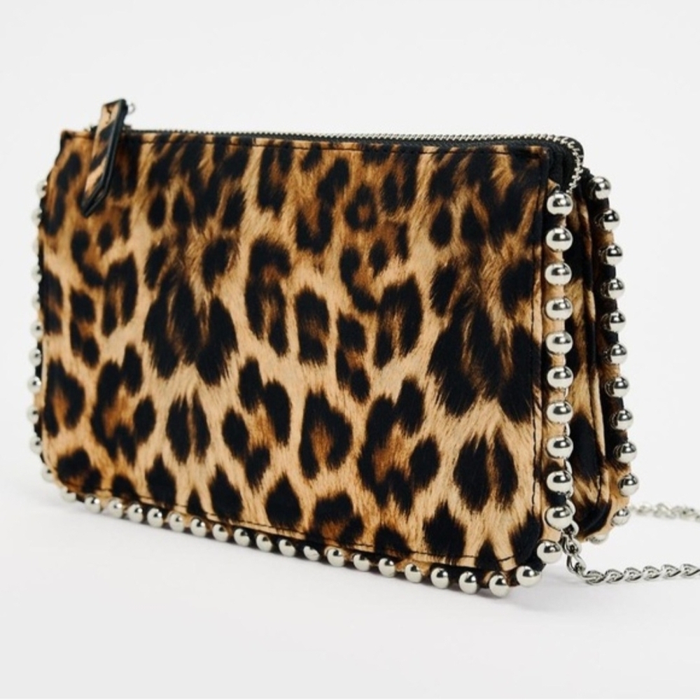 Zara Leopard Print Faux Fur Crossbody with Silver Stud Chain